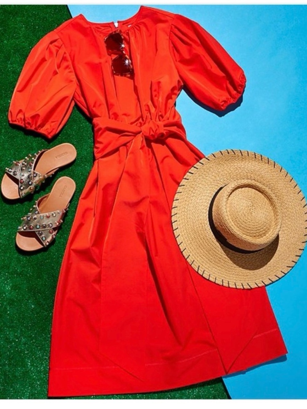 LDT Summer OrangeRed Tie-Waist Puff Sleeve Dress - Women, w/ Pockets. Size 4